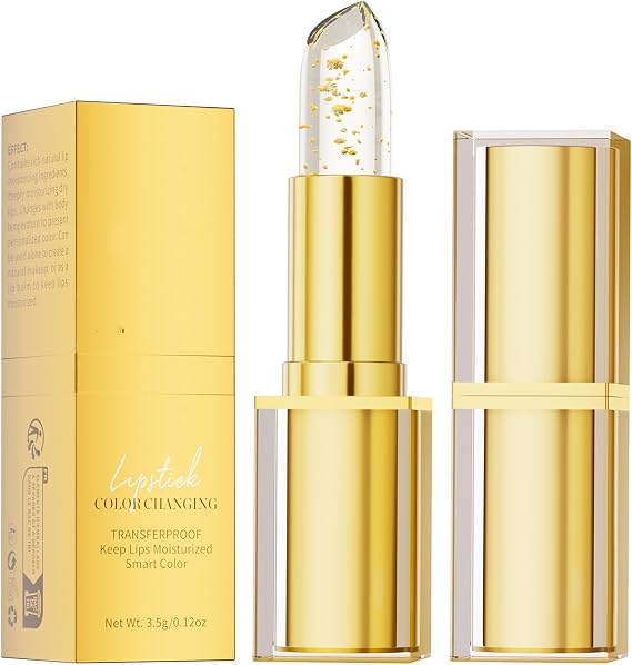 Transfer-Proof Color Changing Lipstick with Gold Foil, Gold Crystal pH Colour Changing Lipstick, Transfer-Proof, 24H Long-Lasting Hydration, Glossy Shine Lip Gloss for Women