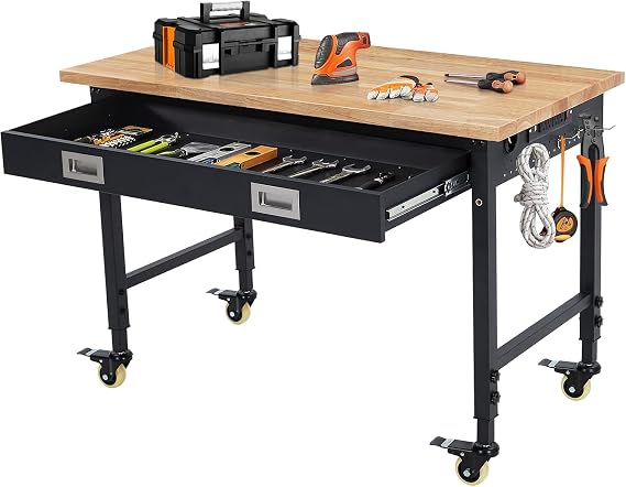 48x24 Adjustable Workbench,Workbench with Drawers,Garage Workbench with 2000 LB Load Capacity,4 Rolling Casters, Power Outlets, Metal Frame,for Garage, Workshop, Home, Office, Easy Assembly