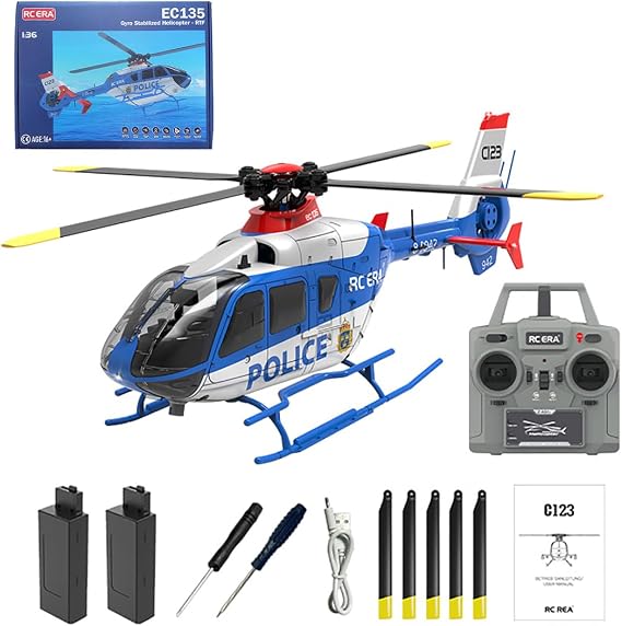 PIONEERX EC135 C123 1/36 Scale RC Helicopter, 2.4GHz 6CH Remote Control Helicopter with 6-Axis Gyro, 3D Flip, Inverted Flight, Altitude Hold, One Key Take Off/Landing - Blue White/2 Battery
