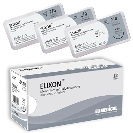 ELIXON Veterinary Monofilament Polydioxanone Absorbable Sutures, Taper Point 1/2 Circle, 26mm, 2/0 PDO 30 inch (76 cm), 12 Individual Pack, SH, Violet, 317PDO