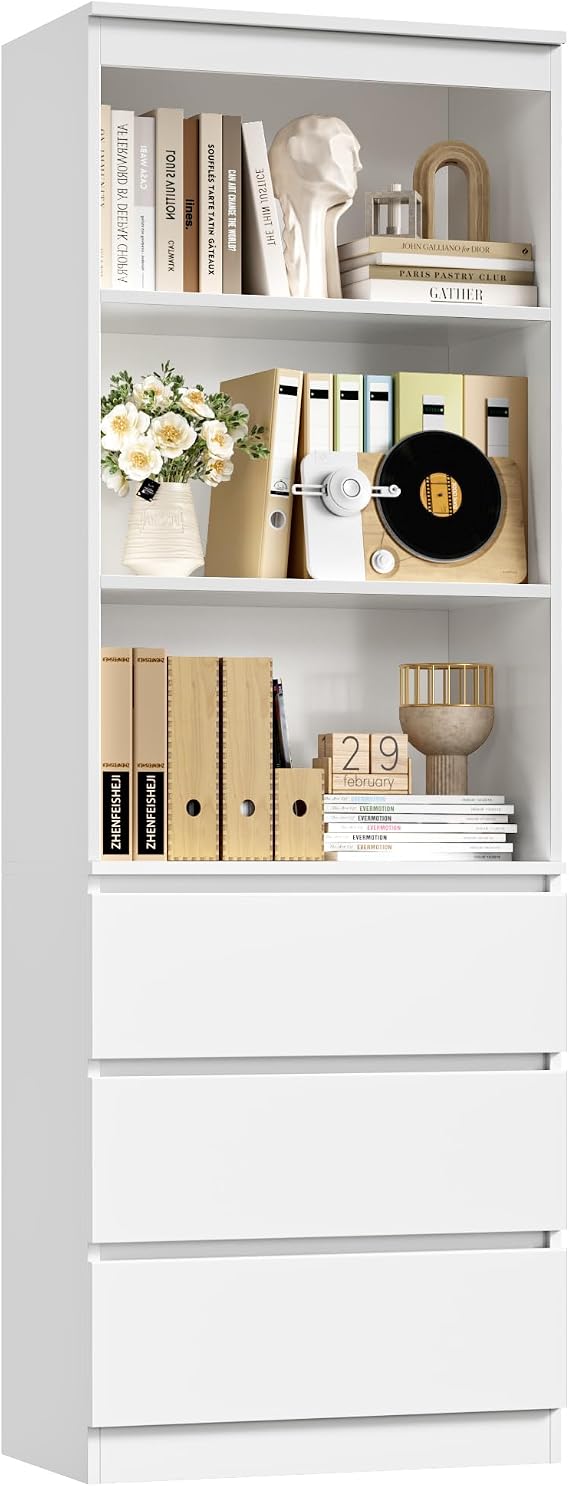 FirFurd Bookcase Bookshelf with Drawers 180cm Tall Storage Cabinet White | 6 Tiers Book Shelf Freestanding, Display Cabinet with Open Shelves for Living Room Dining Room, Wooden Storage Cupboard Unit