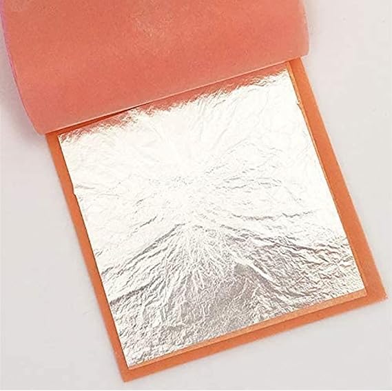 Gold leaf company Leaf Silver Leaf, 99.9% Pure Silver Leaf Varakh Foils 100pcs 5'' x 3'' for Sweets Deco,Cake Baking,Chocolate,Supari,Serums,Ayurvedic