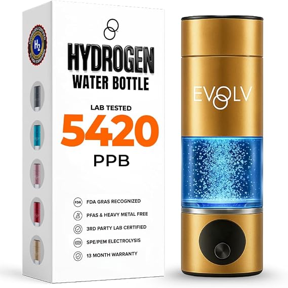 EVOLV Hydrogen Water Bottle, Water Ionizer, Leak Proof Design, Champagne | SPE & PEM Water Ionizer 5PPM, Highest Concentrated Dose, Water Bottle for Energy, Recovery, And Everyday Wellness, 8oz Bottle