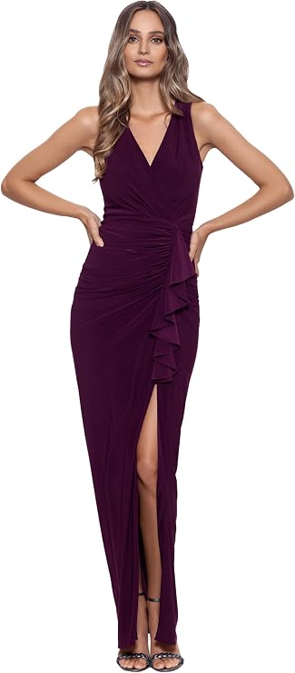 Betsy & Adam Women's Jersey Knit V-Neck Ruffle Leg Slit Floor Length Dress
