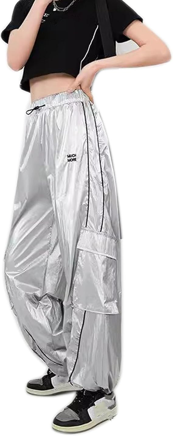Streetwear Hip hop Silver Street Dance Techwear Reflective Pants Casual Athletic Pockets Cargo Pants for Women