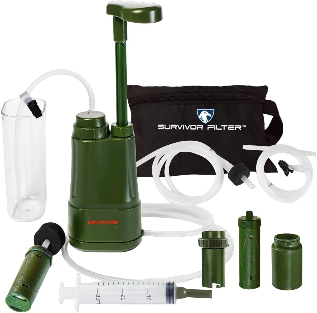 Survivor Filter Pro Hydration Extender Pump with Extra Filter and Reverse Wash System - 0.01 Micron Water Filter for Camping, Emergency Preparedness, Hiking and Emergency Situations, Military Green