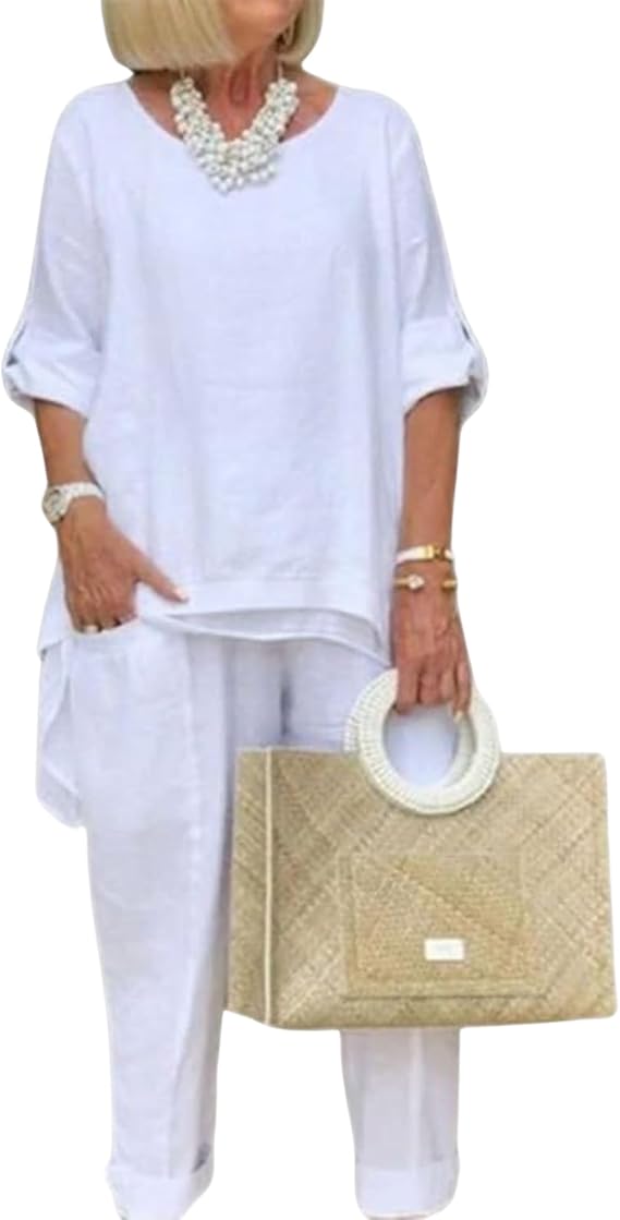 Bengbobar Women's Linen Two-Piece Pants Suit, White, Regular Fit, Long Sleeves, Casual & Versatile Occasions