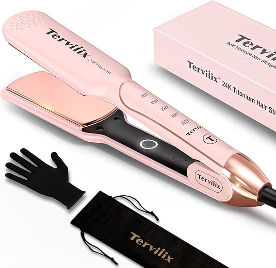 Terviiix Titanium Flat Iron Hair Straightener - ARC Non-Snagging for Smooth, One-Swipe Results, Salon-Grade Wide 1-3/4 Inch Straightening Iron Saves Time on Thick, Curly, Black & Natural Hair, Pink