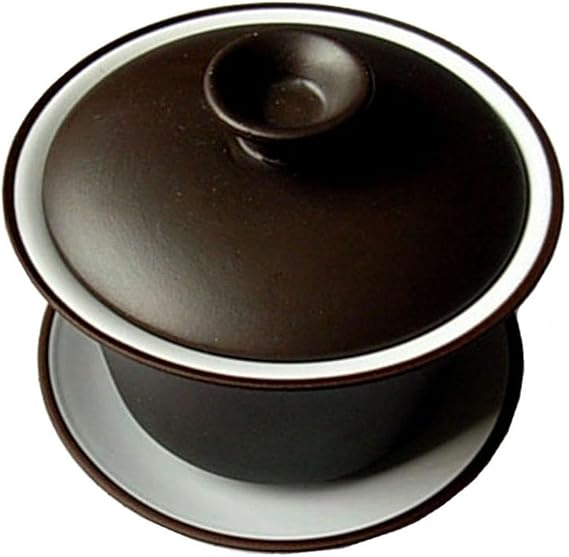 Gaiwan Kungfu Tea Bowl 4oz Black Ceramic White Glaze Teacup | Zisha black Clay, 130ml, Sancai Cup with Saucers, lid