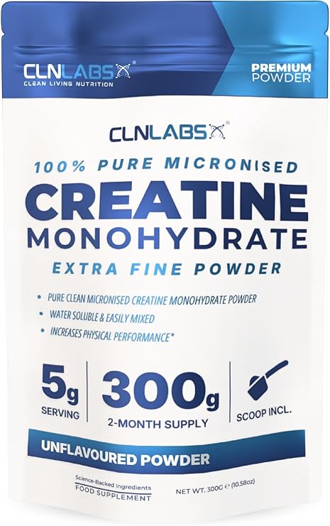 Creatine Monohydrate Powder - 300g (60 x 5g Servings) | 200 Mesh Fine Grade Powder, Pure &amp; Mixes Easily | Includes Scoop | Unflavoured | Made in The UK By CLN Labs