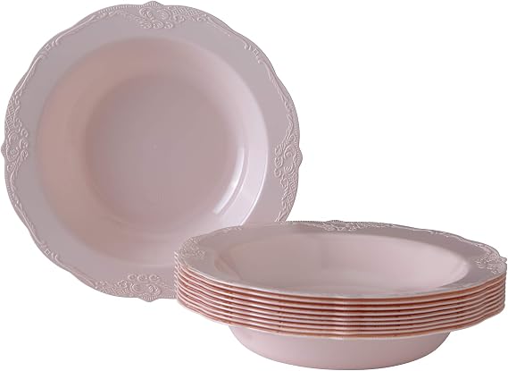 SILVER SPOONS Vintage Design Disposable Soup Plates For Party (10 Pc) Heavy Duty Disposable Dinner Set 12 oz, Fine Dining Plastic Dishes , Elegant China Look, Great for celebrations & events - Blush