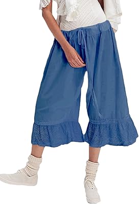 Sunloudy Women Lace Trim Long Bloomers Elastic Waist Ruffle Pettipants Slip Under Dress Pantaloons Vintage Wide Leg Half Slip