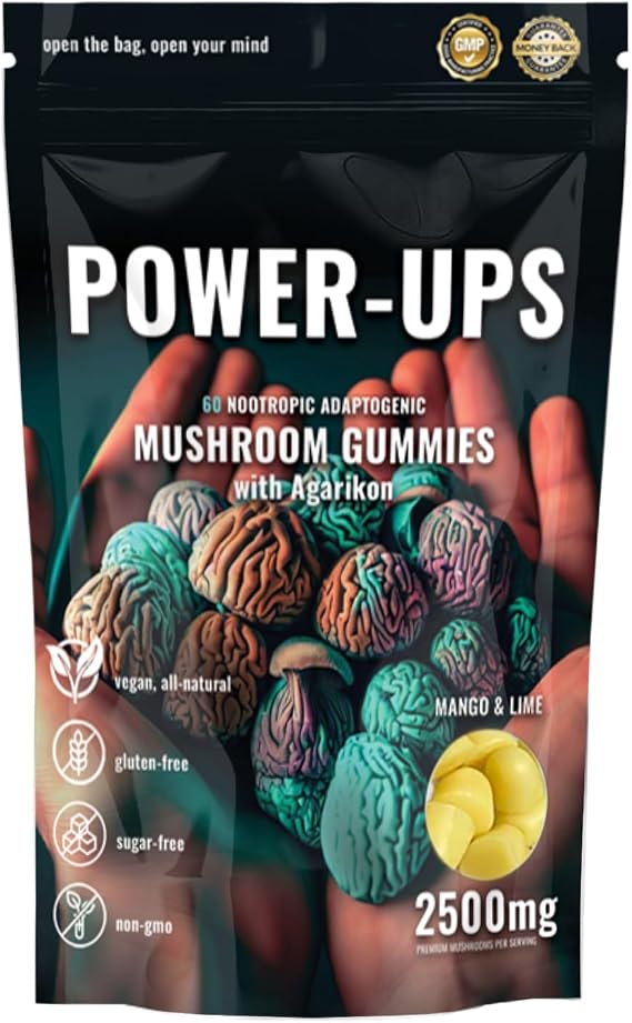 Mushroom Gummies Nootropic Adaptogenic with Agarikon, Mango & Lime Flavor, Vegan, Gluten-Free, Sugar-Free, Non-GMO, 10x Mushrooms, Focus, Energy, Mental Clarity, Lion's Mane, Reishi, Chaga