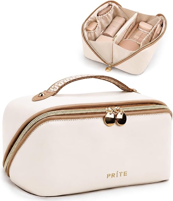 Prite Travel Makeup Bag Flat Lay Cosmetic Case with Brush Pocket | Toiletry Bag, Two Sizes, 2 Compartments, Large Capacity, Wide Open, Portable Handle, Waterproof PU Leather, Gift Box Packaged