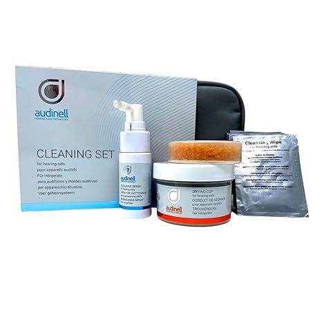Hearing Aid Cleaning Kit | STARTER SET | Incl. Wipes, Spray, Brush, Dry Cup, Desiccant | Accessories to Clean & Dehumidify Hearing Aids, Earbuds, Earplugs, In-Ear Monitors (IEMs)