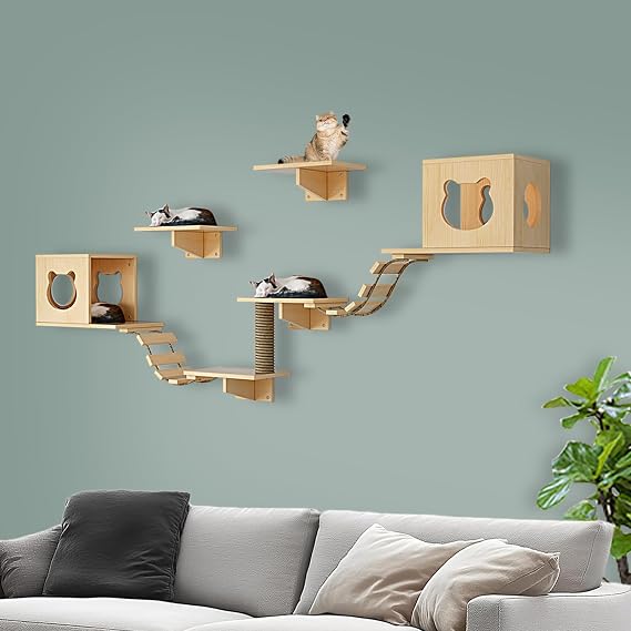 Cat Shelves for Wall, with Sisal-Covered Scratching Posts, Cat Wall Shelves, for Kittens to Large Cats, Sleeping, Playing, Climbing and Lounging9pcs2