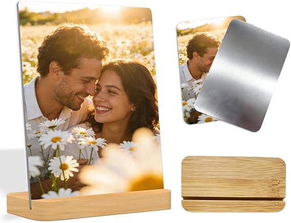 Custom Metal Photo Prints, Personalized Photo Bamboo Base | HD picture frame, smooth metal surface, durable standing support, diy gifts for home wall bedroom office decor
