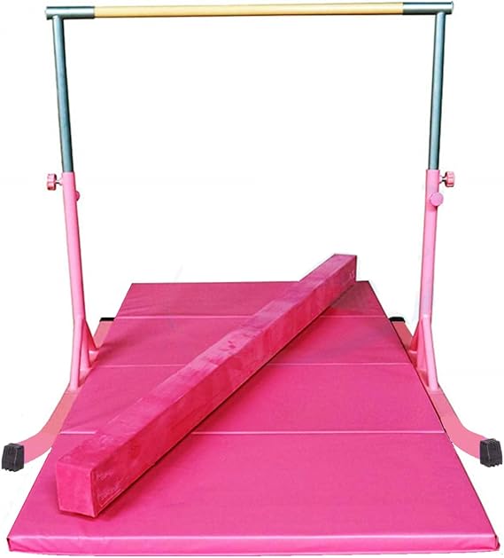 Expandable Gymnastics Kip Bar Set with Balance Beam, 6'x4' Mat for Kids, Horizontal Bar Junior Gymnastic Training Exercise Gymnast Home Gym Adjustable 3 to 5 FT Fiberglass Rail (Pink)