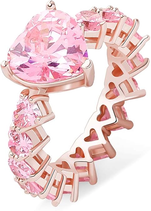 TOPGRILLZ Pink Heart Baguette Rings 14K Silver-Plated 5A+ Cubic Zirconia Iced Out Bling Promise Wedding Band Love Rings For Women Fashion