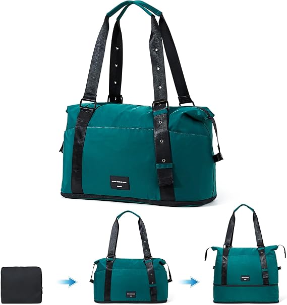 Hanke Expandable Tote Bag Foldable Duffle Bag for Travel Carry on Weekend Bag for Women with Adjustable Shoulder Strap Gym Bag for Men Garment Bag.(Jungle Green)