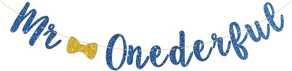 Mr Onderful Birthday Banner, Baby Boy's First Birthday, Sweet One, Baby Shower, Prince 1st Bday Party Decorations Supplies (Blue Glitter)