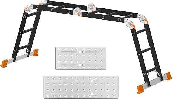 AMHANCIBLE Ladder, Multi-Purpose Folding Ladder, Aluminium Ladder 4x3Steps | Household Ladder With Two Safety Platforms, 340 cm Long, 6-in-1, Support up to 150 kg, TÜV/GS certified, Orange UBAL01RN