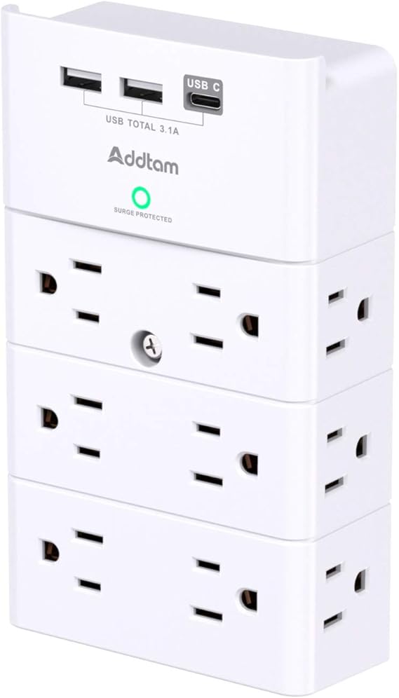 Addtam Outlet Extender with 12 AC Outlets and 3 USB Ports (1 USB-C), White | Multi Plug Wall Outlet, Surge Protector Wall Mount for Home Office Dorm Room Essentials