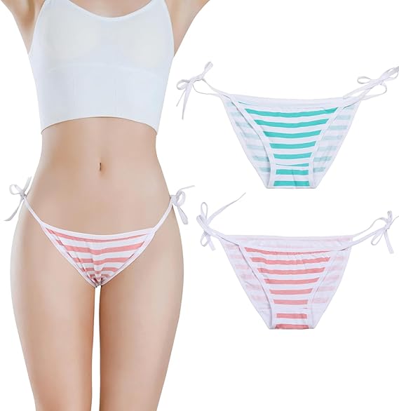 TOMORI Hot Cute Japanese Style Blue&pink Stripe Panties Bikini Cosplay Cotton Underwear (Lace) Medium