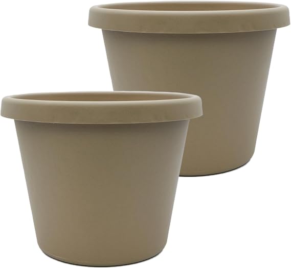 The HC Companies Prima Round Planter Pot, 16 Inch, Sandstone, 2-Pack | Plastic, Rolled Rim, Drainage Holes, Lightweight, UV-Resistant, for Indoor & Outdoor Plants, Garden & Home Decor
