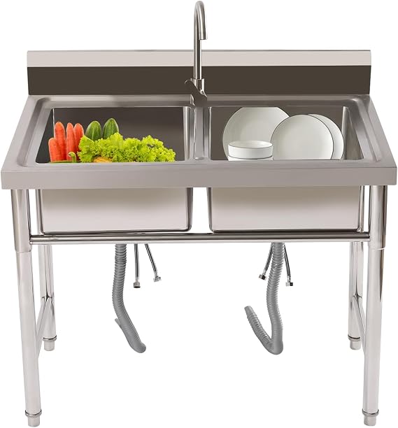 2 Compartments Commercial Kitchen Sink Freestanding Double Bowl Restaurant Sink Station, Kitchen Prep & Utility Stainless Steel Sink for Home Garage Bar Restaurant Laundry Room