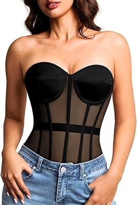 Kaei&Shi Sheer Mesh Overbust Corset,Sexy Strapless Lace Up Satin Bra Corsets Top For Women Shapewear