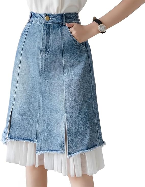 Women's High Waist Vintage Denim Skirt A-Line Lace Double Layer Splicing Y2K Casual Fashion Jean Midi Skirt