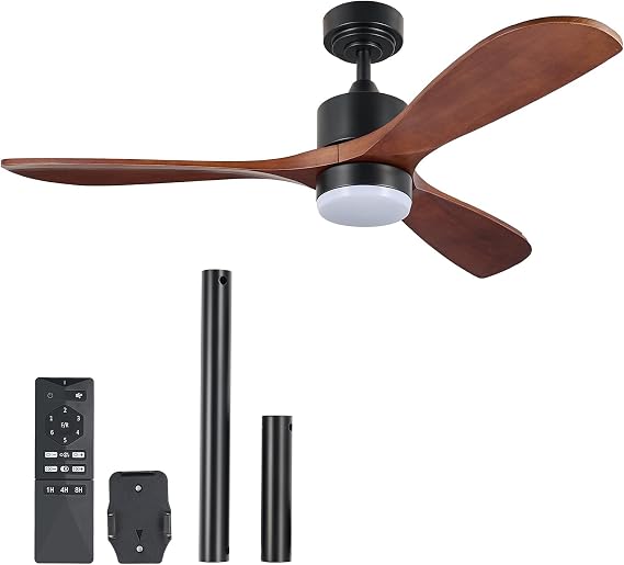 VONLUCE Ceiling Fans with Lights Remote Control, 132 cm Wood Indoor Outdoor Ceiling Fan with 3 Blades 6 Speed Noiseless Reversible DC Motor, Dimmable Timed Lighting for Living Room Study Patio, Walnut [Energy Class F]