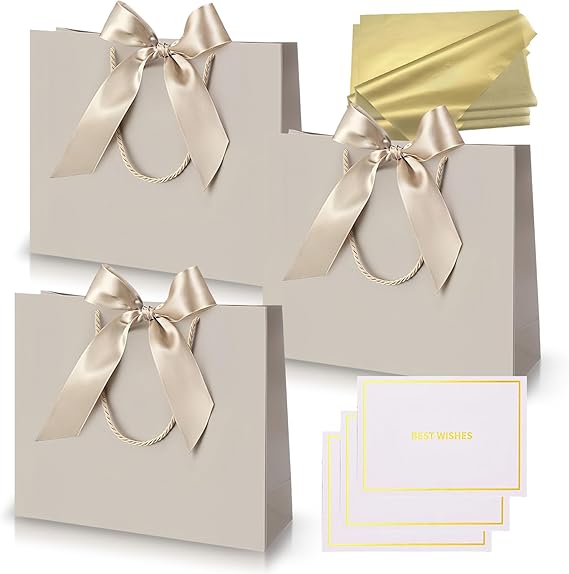 Medium Champagne Gold Gift Bags for Present,Paper Party Bags with Handles,3Pcs Birthday Gift Bag with Ribbons 6 Tissue Paper 3 Cards for Women Men Bridesmaid Wedding Valentines Christmas Birthday