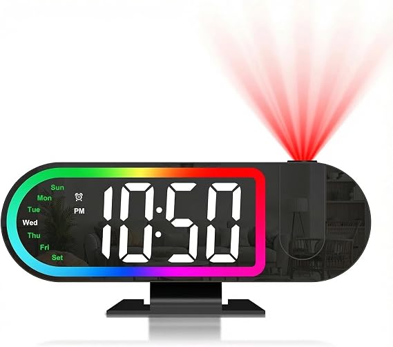 Projection Alarm Clocks for Bedrooms, 2026 New 8.5" Large LED Display Digital Clock with 180 Rotatable Projector, 3 Brightness, 17 RGB Night Light, Snooze, Temp, USB Charger for Home