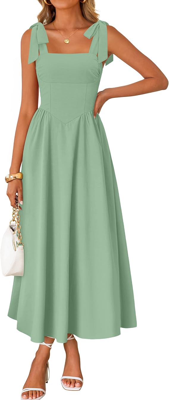 ZESICA Women's Summer Tie Shoulder Wedding Guest Maxi Dress | Spaghetti Strap, Sleeveless, Smocked Back, A-Line, Pockets, Long Flowy Sundress, Formal Party Beach Bridal Shower Dresses