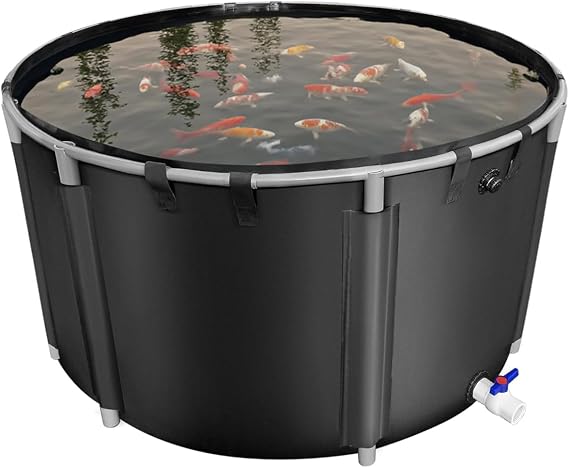 Canvas Fish Pond, 820 Gallon Capacity Koi Pond, Foldable PVC Outdoor Fish Tank, Round Goldfish Bowl, Above Ground Pond with Stabilizing Frame and Drain Valve for Koi Farming, Aquaculture
