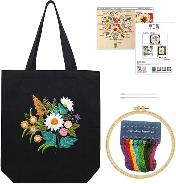 KABAKE Canvas Tote Bag Embroidery Kit, Embroidery Kits for Beginners, Arts and DIY Crafts Embroidery Starter kit, Include Stamped Embroidery Bag, Threads, Embroidery Tools (Black Bag with Floral)