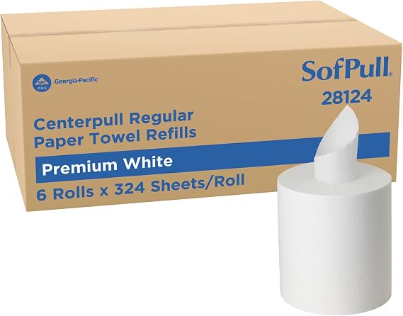 Georgia-Pacific SofPull Centerpull Regular Premium Towel Dispenser Refills, Commercial Paper Towels, 324 Sheets Per Roll, 6 Rolls Per Case, White, 28124