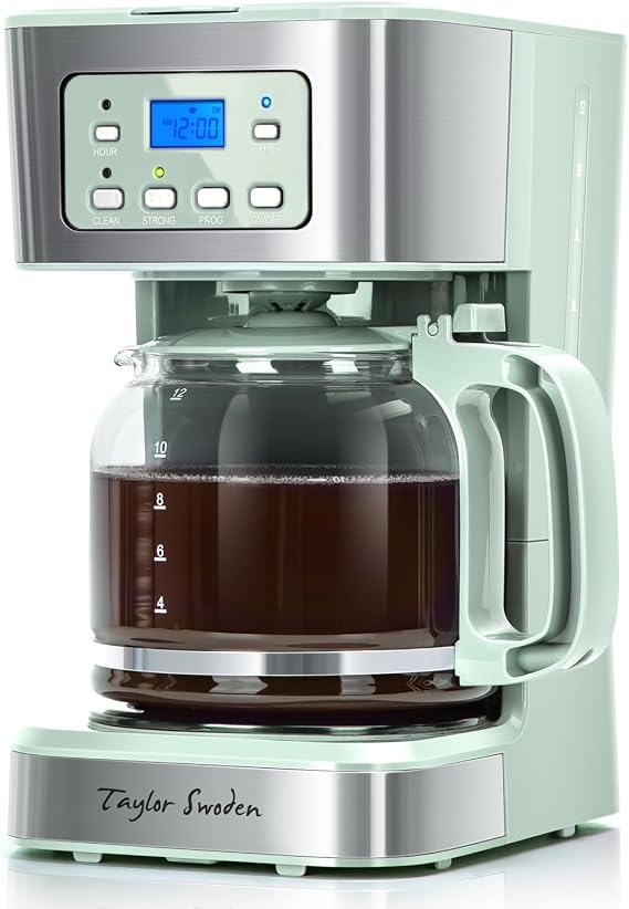 Taylor Swoden 12-Cup Programmable Coffee Maker, Green & Stainless Steel | Regular & Strong Brew Drip Coffee Machine for Home and Office, 24H Timer, Glass Carafe, Pause & Serve, Auto Shut Off