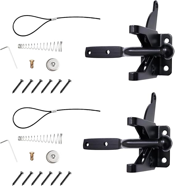 Pair of Black Self Locking Gate Latch Automatic Gravity Lever for Wood Fence Gate, Door Latches Steel (Spring Cable Pull)