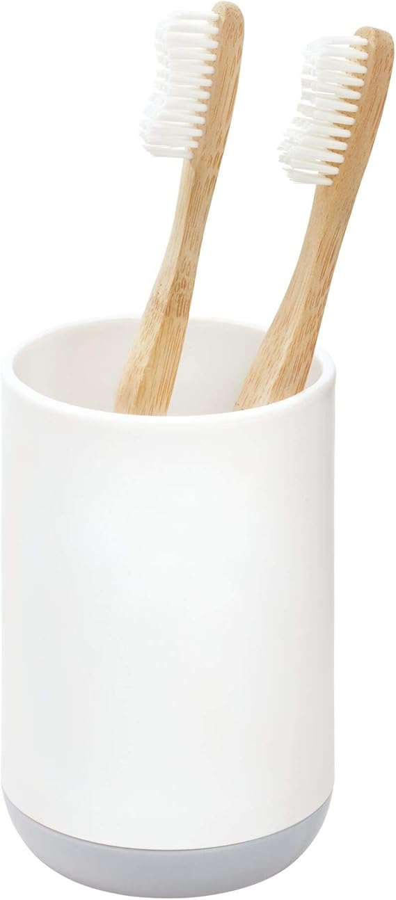 iDesign Cade Collection Toothbrush Holder, 3" x 3" x 4.5", White/Gray | For Normal Toothbrushes, For Spin Brushes, For Toothpaste