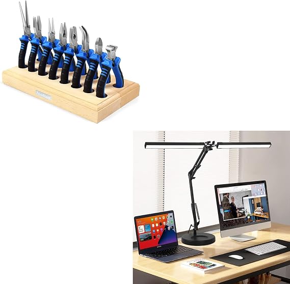 Jewelry Pliers 8Pcs Set, Jewelry Making Tools, Mini Precision Pliers Kit with Wood Pallet, 2-in-1 LED Desk Lamp, Desk Lamps for Home Office, 24W Ultra Bright Architect Desk Light with Clamp & Base, S