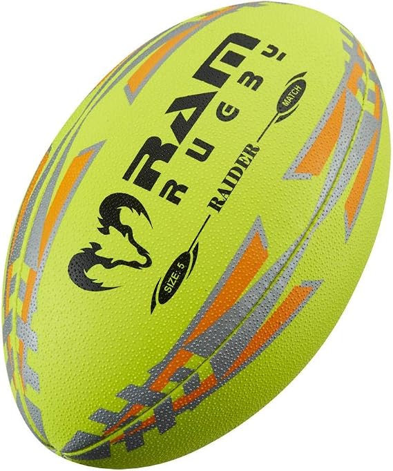 Ram Rugby Raider Rugby Ball - Black/Red/Blue/Green/Yellow/Fluorescent - Sizes 4 and 5 - Official Ball Supplier for Major League Rugby