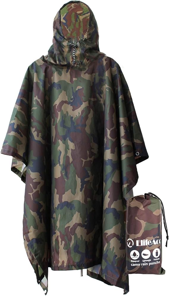 ElifeAcc Waterproof Adult Rain Poncho–Lightweight Packable Cape for Hiking&amp;Festivals Reusable Military Camo Tarp Usable as Emergency Shelter Ground Sheet
