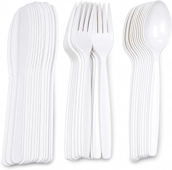 Amorston White Plastic Disposable Cutlery Set, Knives, Forks and Spoons