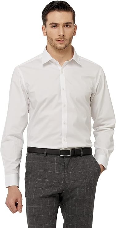 Men's Cotton Dress Shirt Slim fit Wrinkle Resistant Long Sleeve (White/Blue Prints, S)
