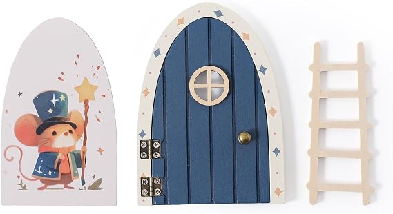 Christmas Mamimami Home Blue Wooden Magical Fairy Doors, 13cm 5.12 inch Elf Mouse Miniature Tiny Door with Ladder, Tooth Fairy Door Handmade Decorations Gifts