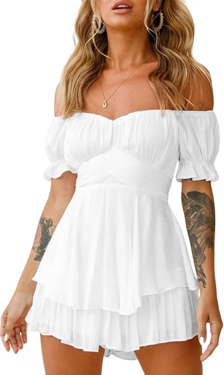 Yiulangde Rompers for Women Off Shoulder Ruffle Romper Dress Short Jumpsuit | Western Country Concert,Going Out,Fairy Outfit,White Sexy Romper Dresses,Cowgirl Flowy Pirate Dress,Boho Jumpsuits for Women