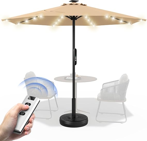 9 FT Motorized Patio Umbrella with Remote Control(Beige) | , Outdoor Market Umbrella with 32 Solar LED Lights, UPF 50+ UV Protection 5-Year Fade Resistant Fabric for Backyard
